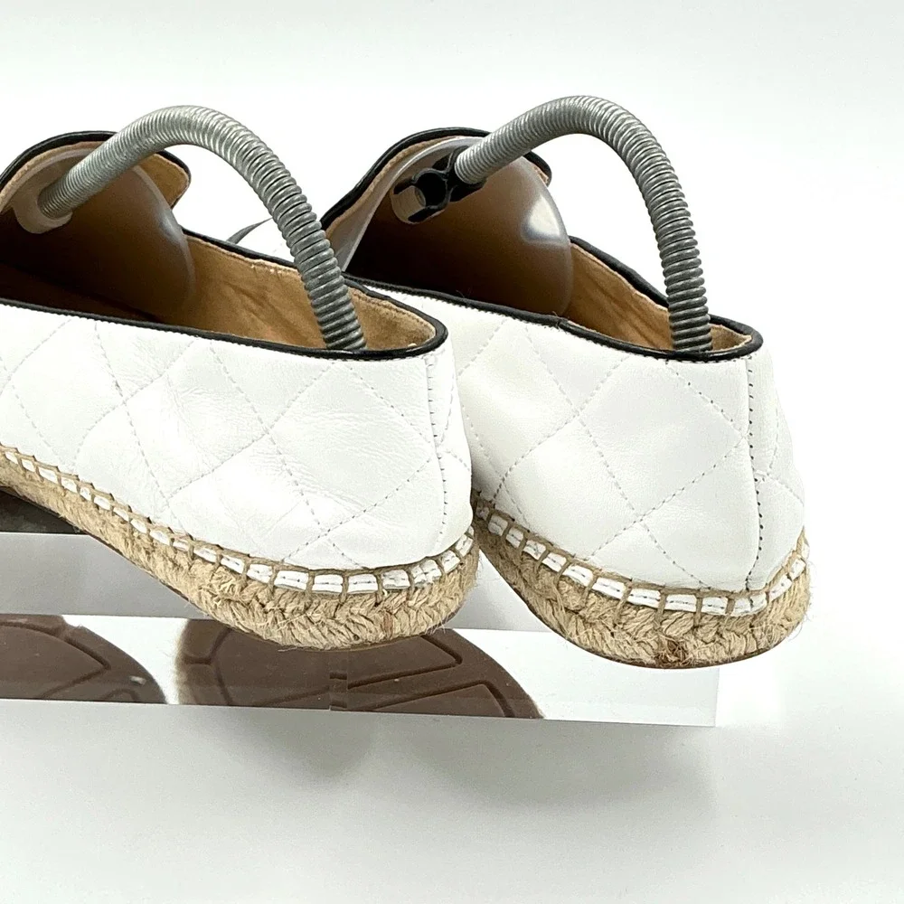 Talbots Size 9.5 White Quilted Leather Espadrille Loafers Black Cap Toe